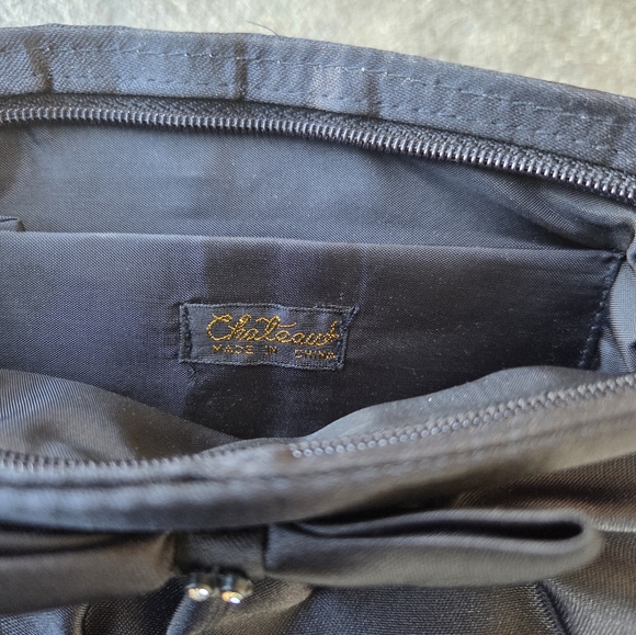Vintage Chateau Elegant Black Satin Evening Bag With Bow And Rhinstone Accent - Picture 3 of 7